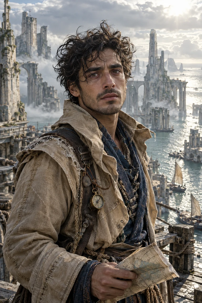 Lost Seeker carrying a map among the ruins of a flooded world