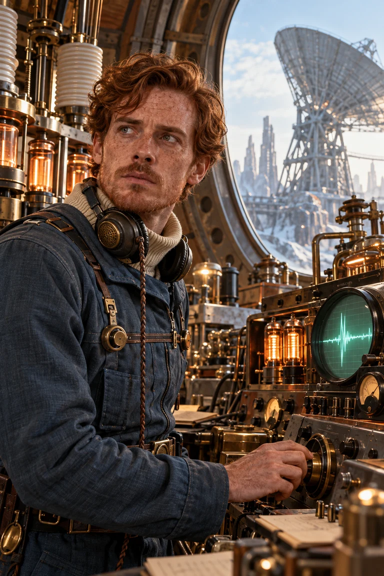 Radio Seeker wearing headphones beside analog transmission equipment
