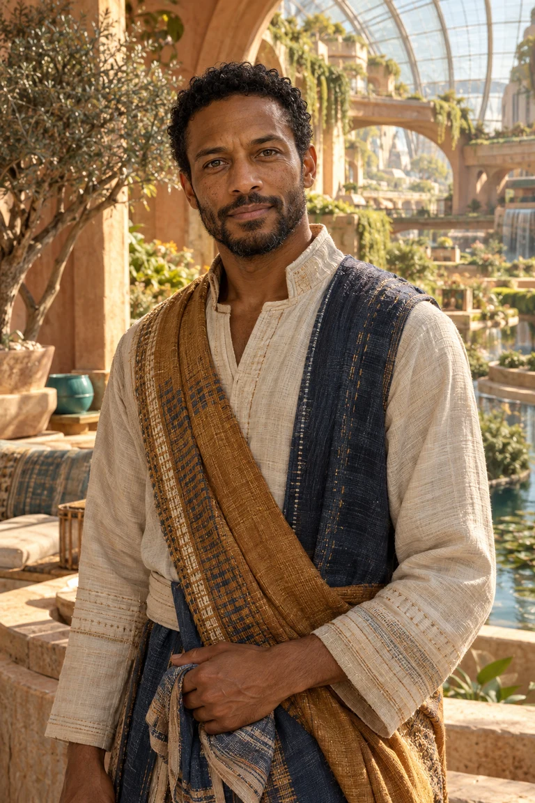 Soul Seeker in ochre and indigo woven layers, surrounded by community gardens
